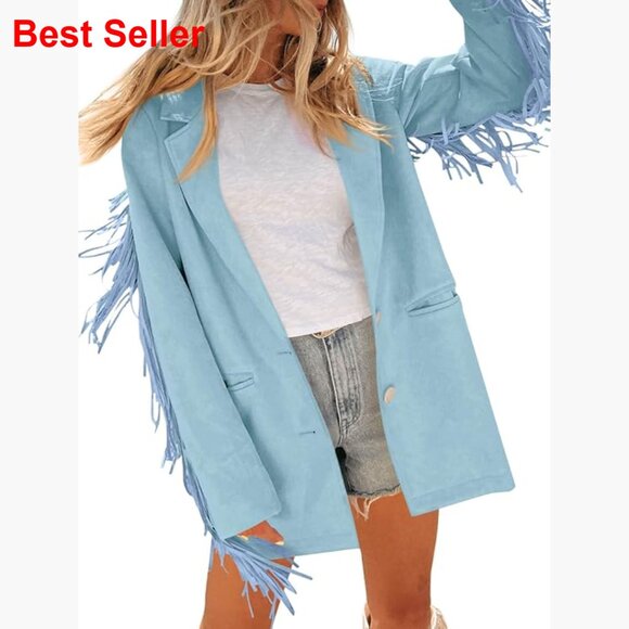 Jackets & Blazers - Faux Suede Fringe Blazer Jacket with Lapel Collar Button Front